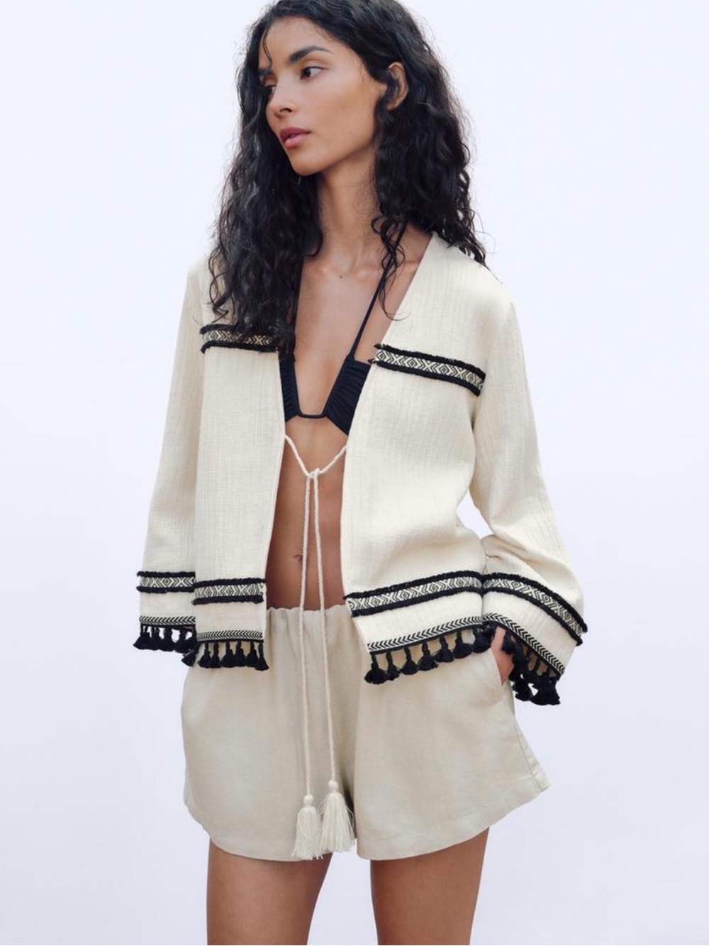 Zara Cream Open-Front Tassel-Trim Swim Coverup with Black Trim